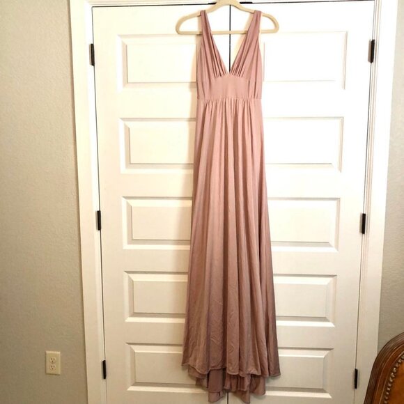 NWT LA FEMME Plunge Neck High Slit Party Gown Sleeveless Mauve Pink 4 MSRP $318 - Picture 3 of 9